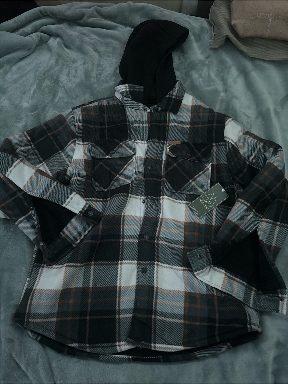 Men Plaid Hooded Shacket - Black, White & Brown
